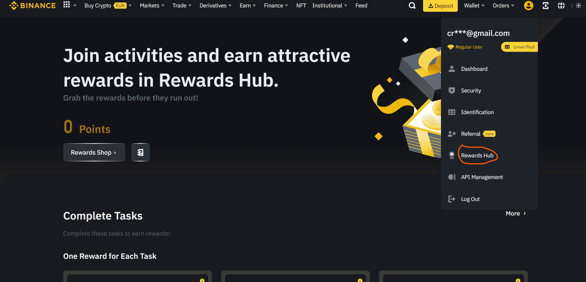 Image of Binance rewards page
