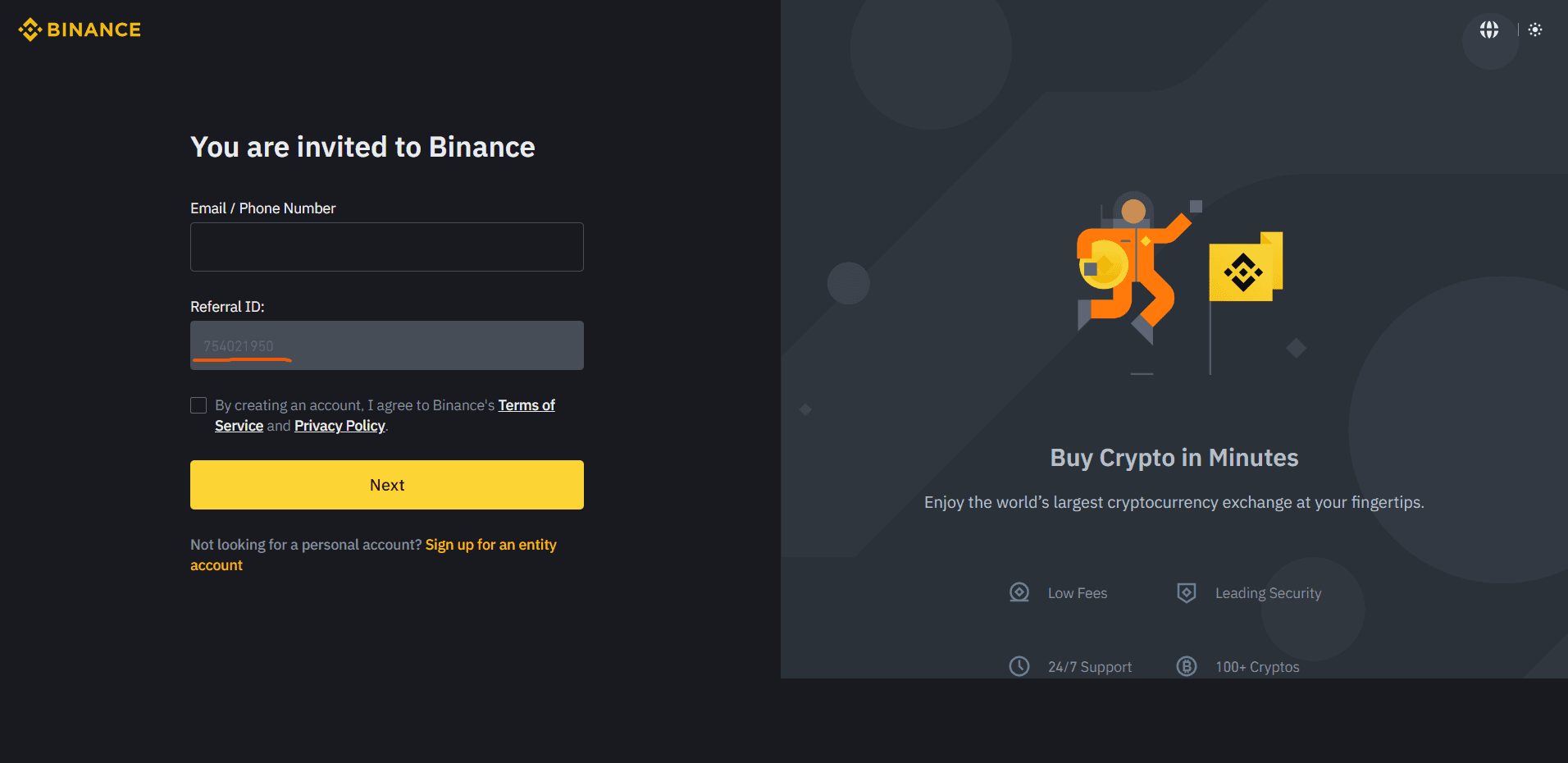 Image of Binance sign up page
