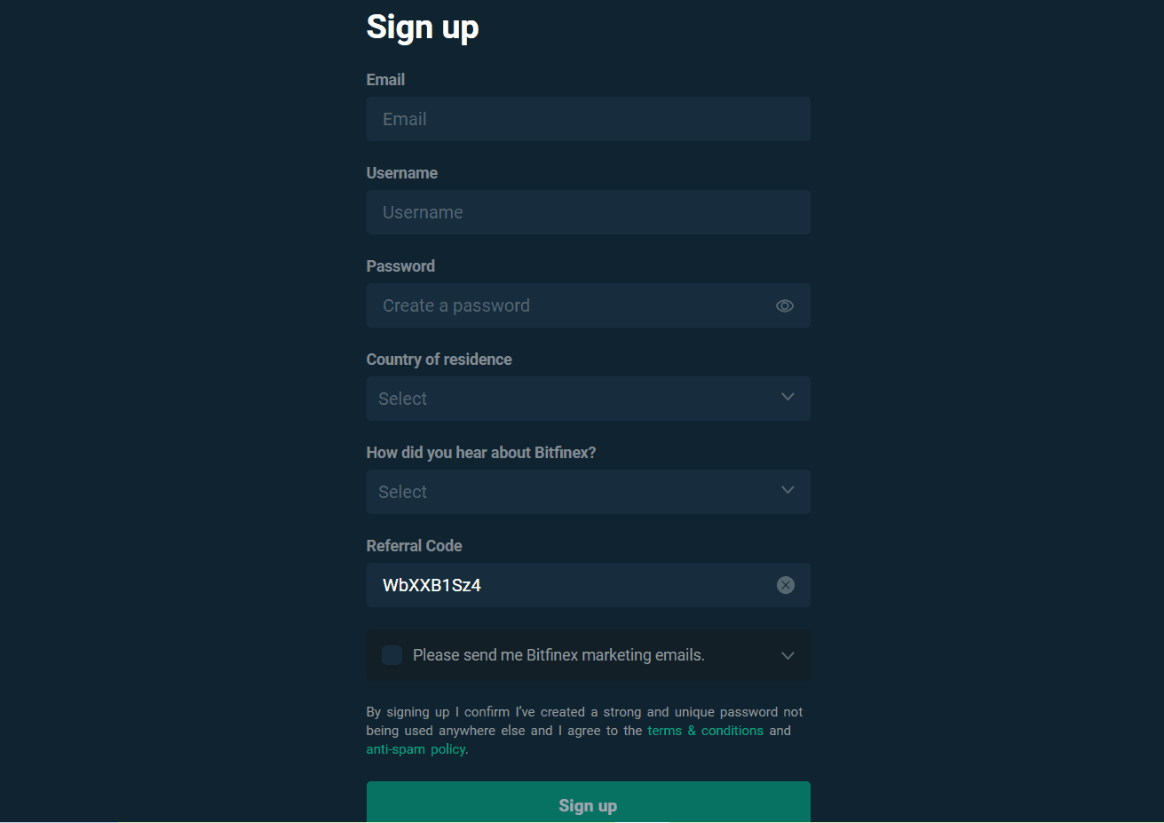 Image of Bitfinex sign up page