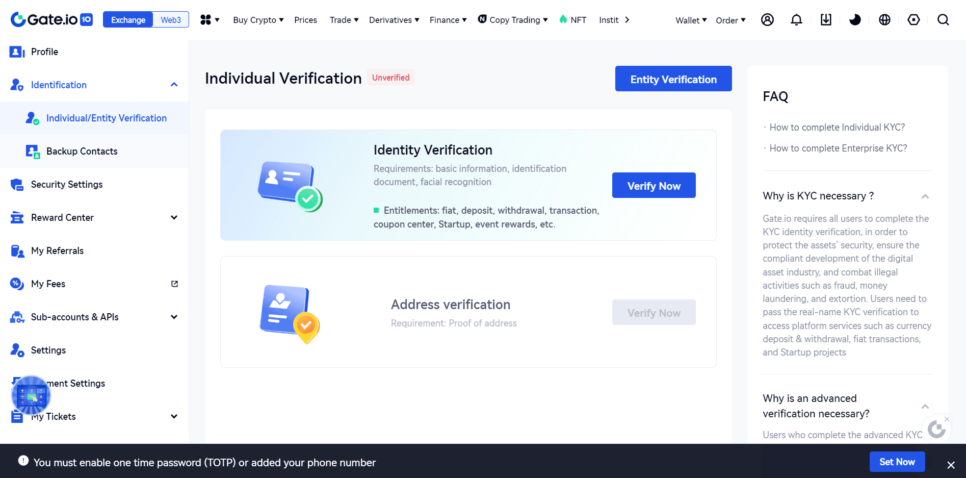 Image of Gate.io identity verification page