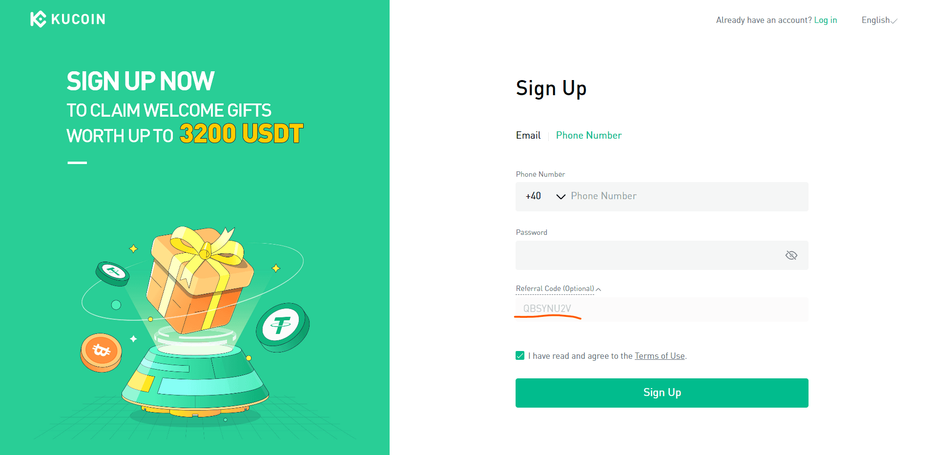 Image of KuCoin sign up page