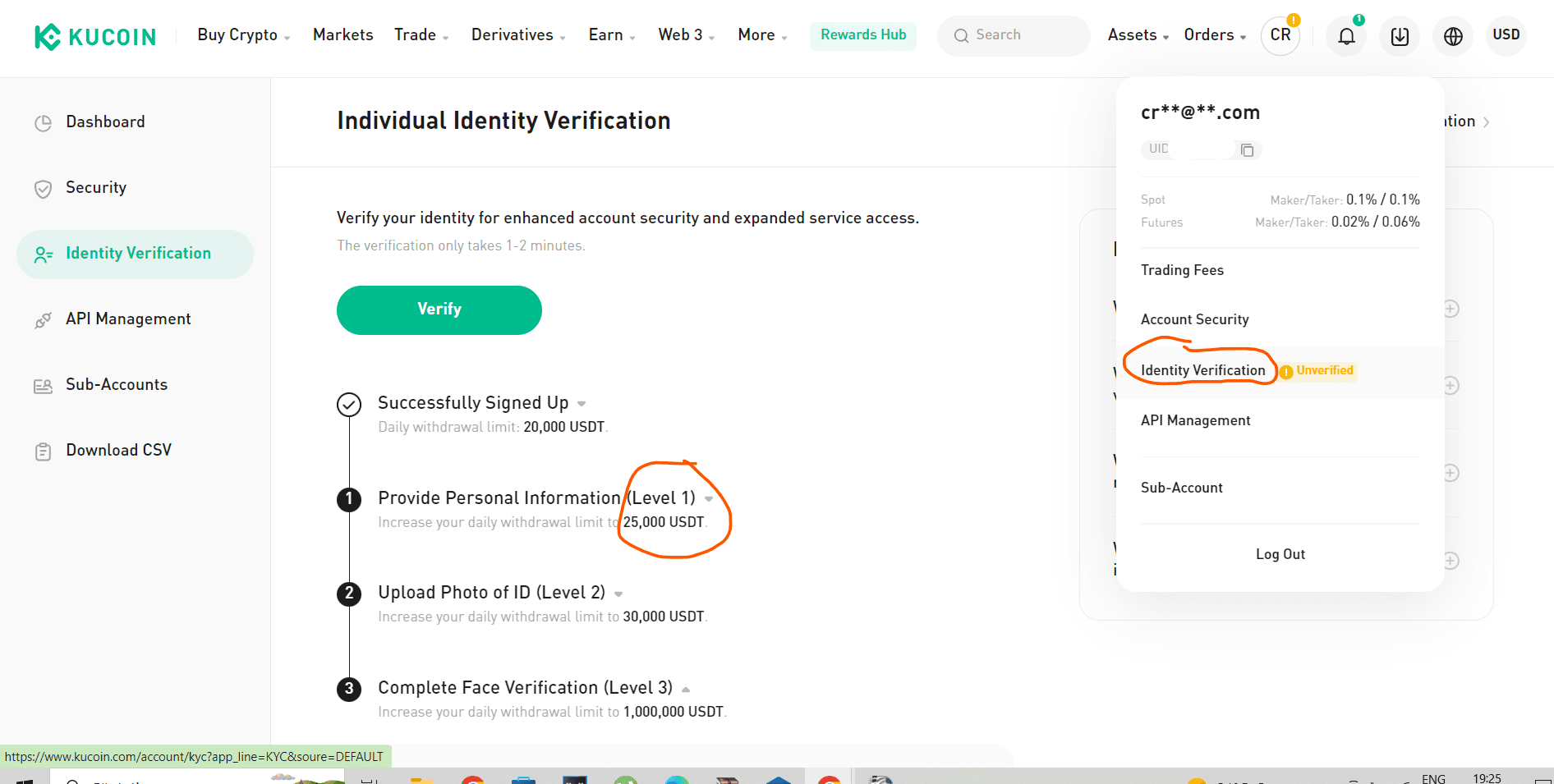 Image of KuCoin identity verification page
