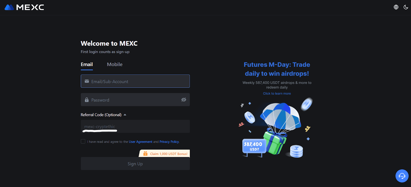 Image of MEXC sign up page